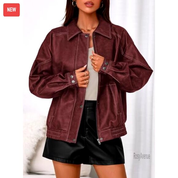 Faux Leather Bomber Jacket Women's Oversized Motorcycle Style Zip Up - Picture 2 of 7